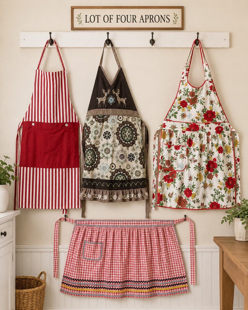 Lot of 4 Cotton Aprons Chefs Hat Adjustable Kitchen Baking Farmhouse Womens